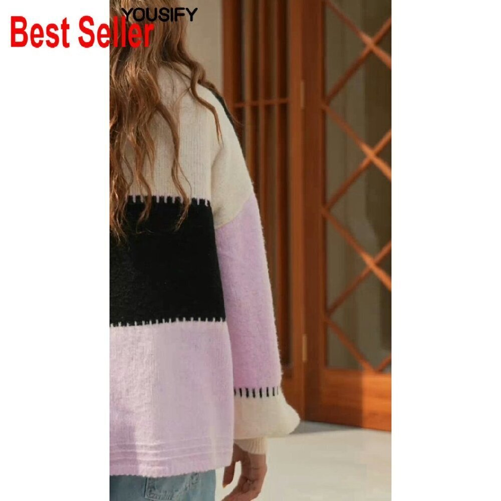 Chunky Knit Cardigan Open Front Puff Sleeve Color Block Fall Outerwear Chic - Picture 8 of 8